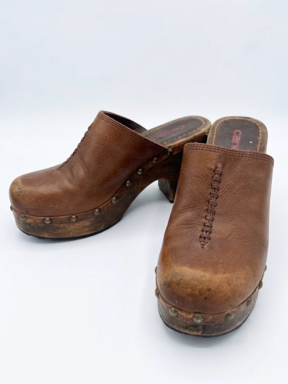Vintage Y2K Candie’s Brown Leather Studded Wooden Platform Clogs Mules Size 9